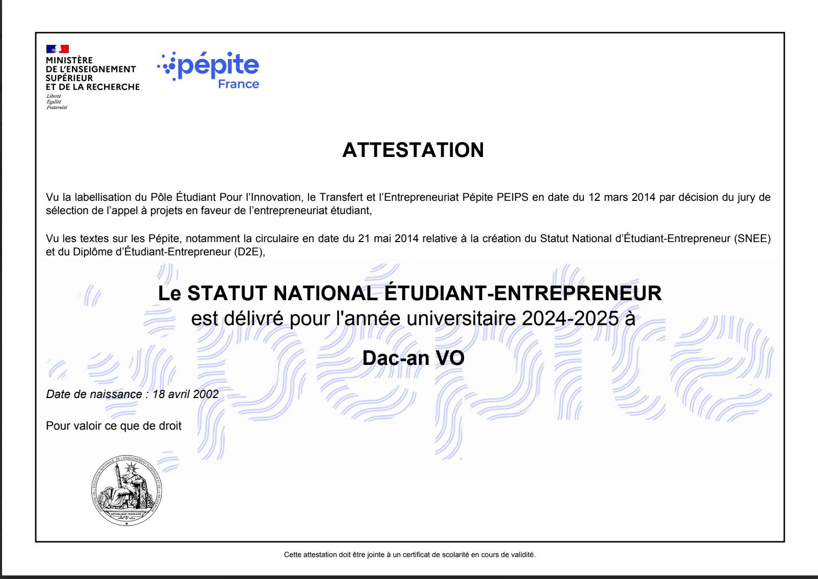 Chứng nhận Pépite France về sáng kiến giáo dục - Wiszy