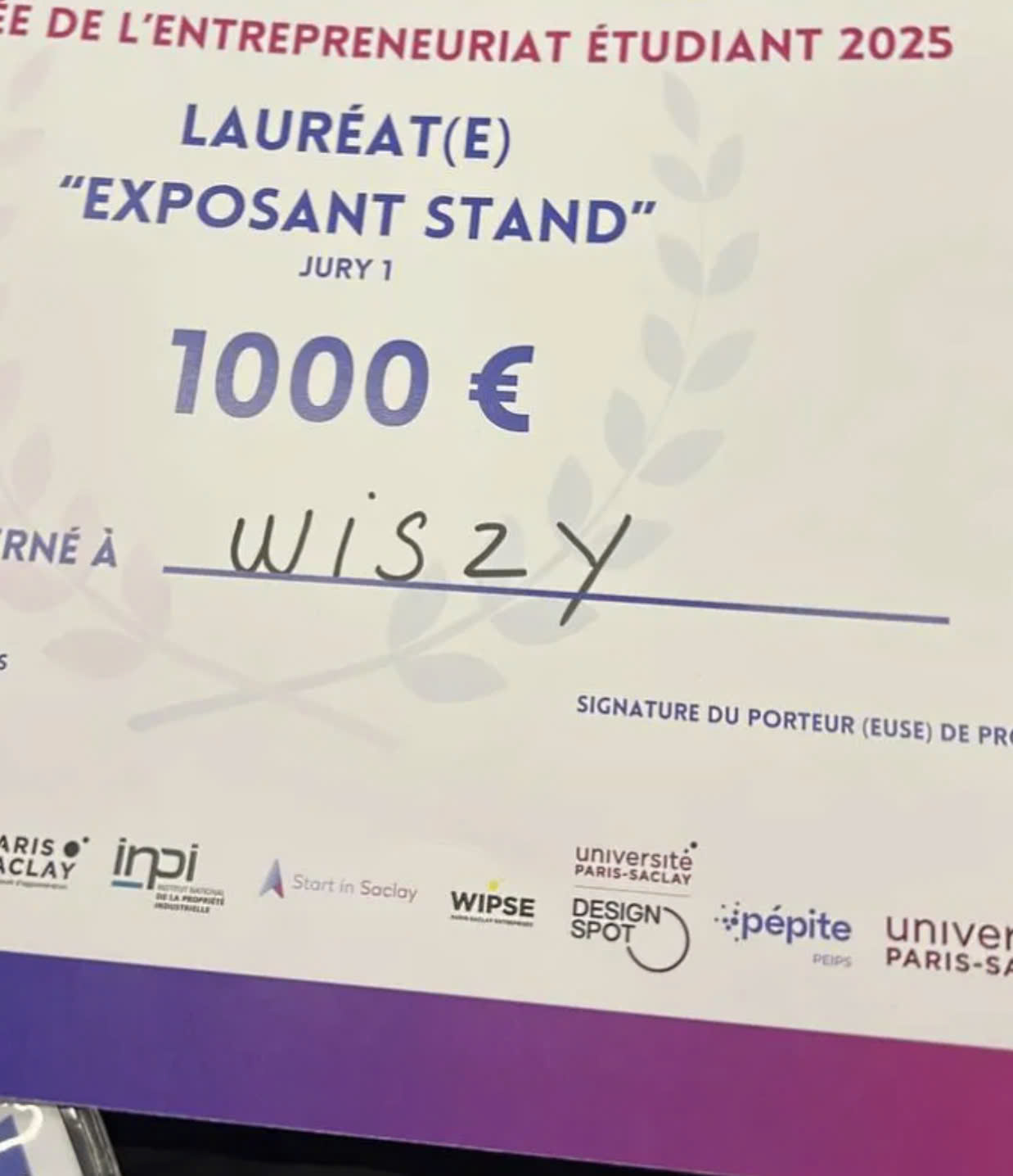 Chứng nhận giải thưởng DE L'ENTREPRENEURIAT ÉTUDIANT 2025 - Wiszy